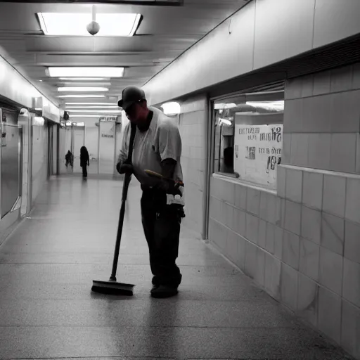 Prompt: A photo of a janitor sweeping a subway station, award-winning photography