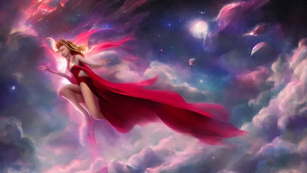 Prompt: a beautiful Scarlett witch, floating in space, stars, galaxy, HDR, dreamscape, dramatic lighting, fantasy art illustration, trending on artstation, Aetherpunk