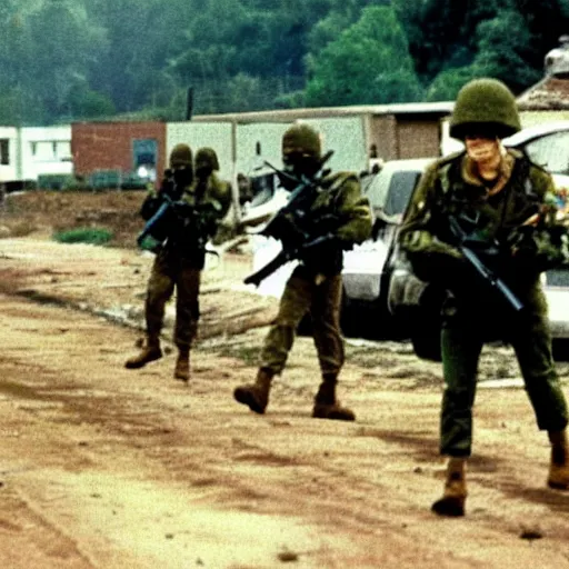 Image similar to distant shot of soldiers in a shootout near a military base, 1 9 8 7, movie still