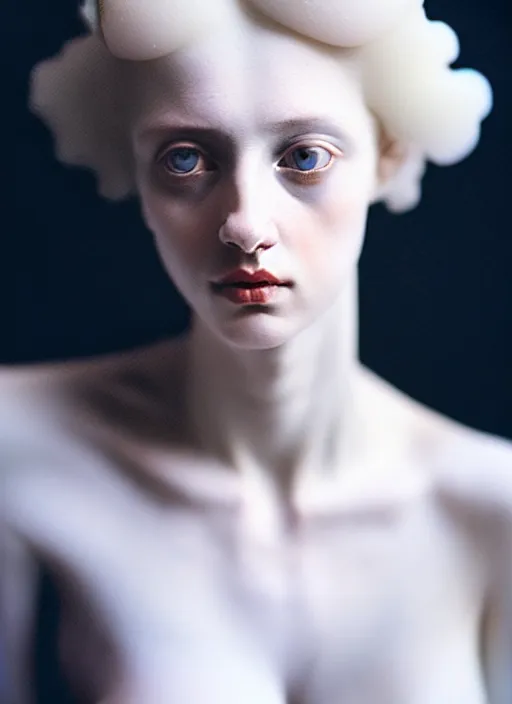 Prompt: cinestill 5 0 d photo portrait of a beautiful hybrid woman in style of paolo roversi by roberto ferri, weird marble body by bernini, intricate ornamental hair, 1 5 0 mm lens, f 1. 4, sharp focus, ethereal, emotionally evoking, head in focus, volumetric lighting, opal colors outdoor