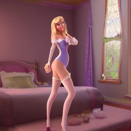 Prompt: rapunzel girl, in modern lingerie, disney style, 3 d image, full - length model, high detail, accurate information, 4 k, hyperrealism