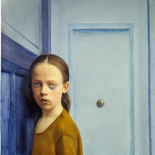 Prompt: close up of a girl in a blue and gold haunted liminal abandoned room, watercolor by gottfried helnwein, by hammershøi, art noveau, highly detailed, lights by edward hopper, liminal, eerie, bright pastel colors
