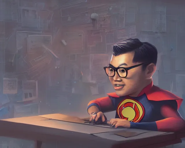 Image similar to an insanely detailed painting of a nerdy asian man wearing a superhero costume, sitting at a desk, staring at the nervously at the computer and typing, in the style of peter mohrbacher, dramatic lighting and composition, octane render, pixar, trending on artstation, concept art, comic book, view from behind