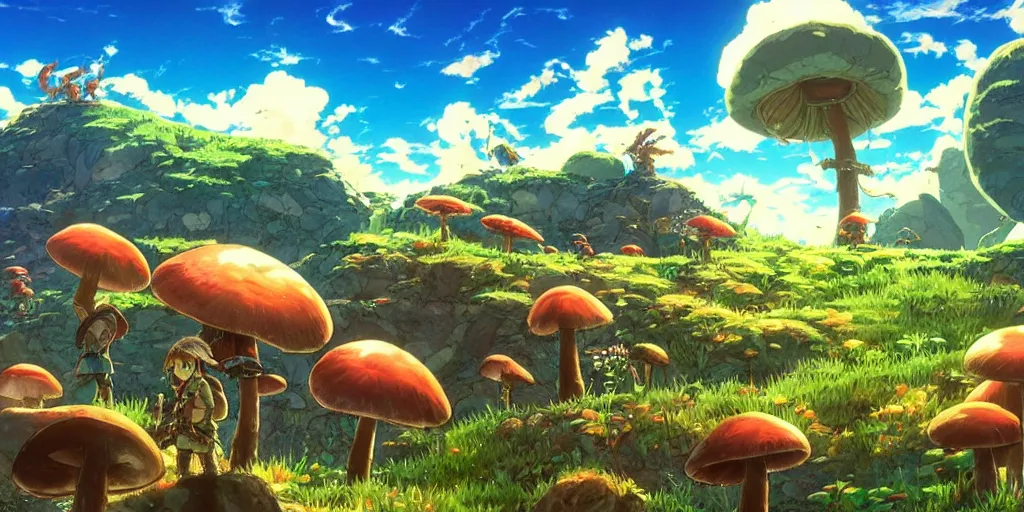 Image similar to epic mushrooms, vivid tones, wide angle, by miyazaki, nausicaa, studio ghibli, breath of the wild