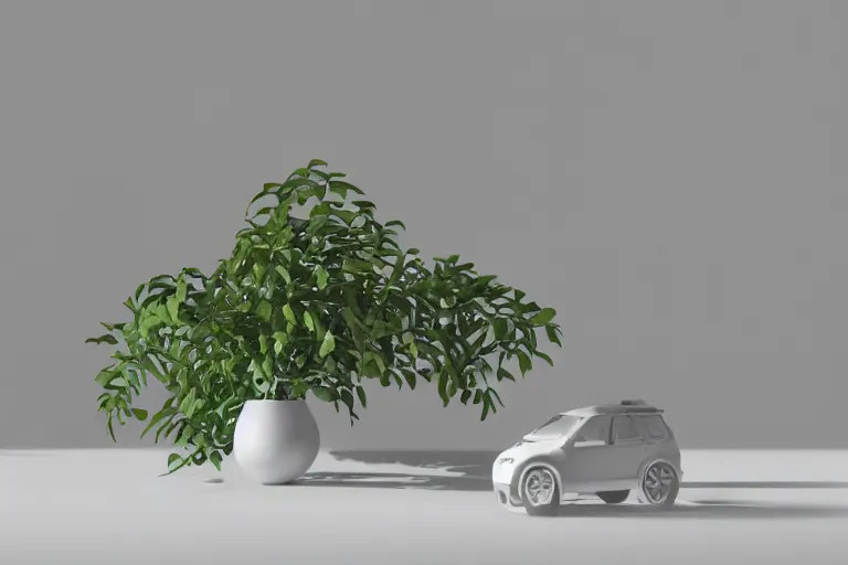 Image similar to a small miniature of a Peugeot 309 Vital on a white table near a vase with a plant, 3d render, unreal engine 5, octane render, 4k, low contrast, path tracing, serene landscape, calm, relaxing, beautiful landscape, highly detailed, high quality, product photo, hyperrealistic, concept art, symmetrical