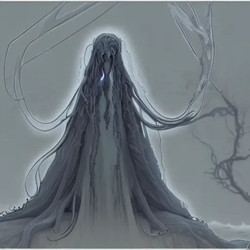 Image similar to concept designs for an ethereal ghostly wraith like figure with a squid like parasite latched onto its head and long tentacle arms that flow lazily but gracefully at its sides like a cloak while it floats around a frozen rocky tundra in the snow searching for lost souls and that hides amongst the shadows in the trees, this character has hydrokinesis and electrokinesis for the resident evil village video game franchise with inspiration from the franchise Bloodborne and the mind flayer from stranger things on netflix