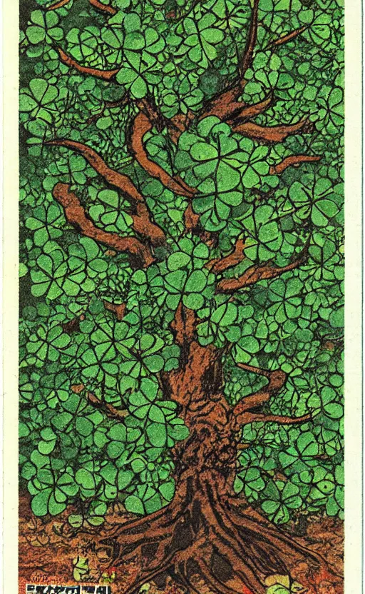 Image similar to by akio watanabe, manga art, tree lead clover on the soil, trading card front