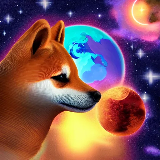 Prompt: cosmic shiba inu devouring a planet, digital art