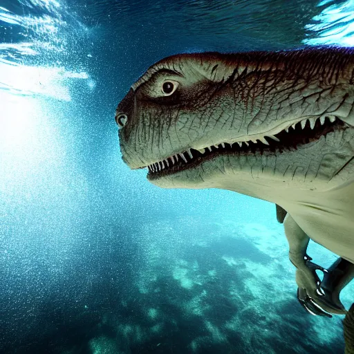 Image similar to t - rex underwater photography and light scattering, water refractions turned out impressive imho,