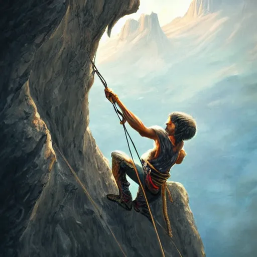 Prompt: rogue rock climber climbing a giant ancient dragons skull, very detailed, fantasy art, dungeons and dragons, belaying, ropes, landscape, cover of national geographic