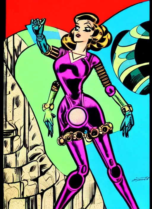 Prompt: image of beautyful female android steampunk by jack kirby,