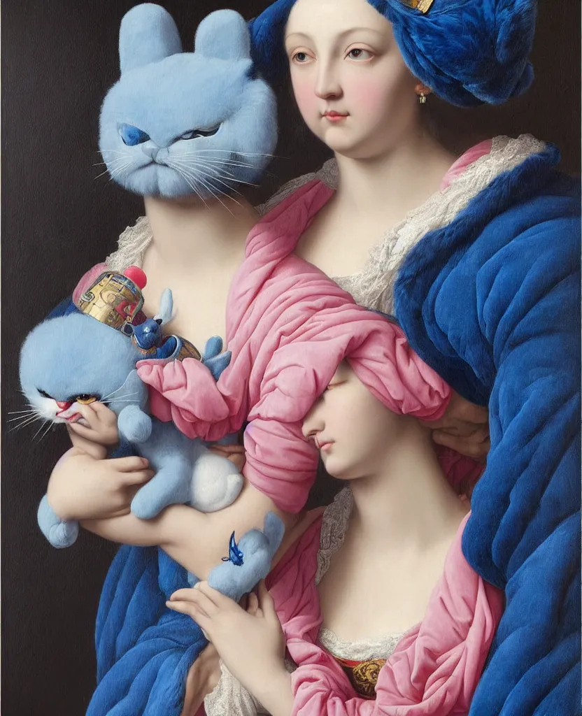 Prompt: a painting of a blue furry blue navy plush with pink velvet parts doraemon toy painted, a flemish baroque by dino valls and jc leyendecker, trending on zbrush central, classical realism, flemish baroque, hyper realism, chiaroscuro