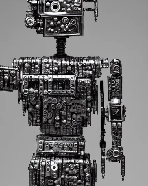 Image similar to robot made out of clock parts, hyper realism, high detail, extremely detailed, very sharp, award winning photo, in the style of vivian maier