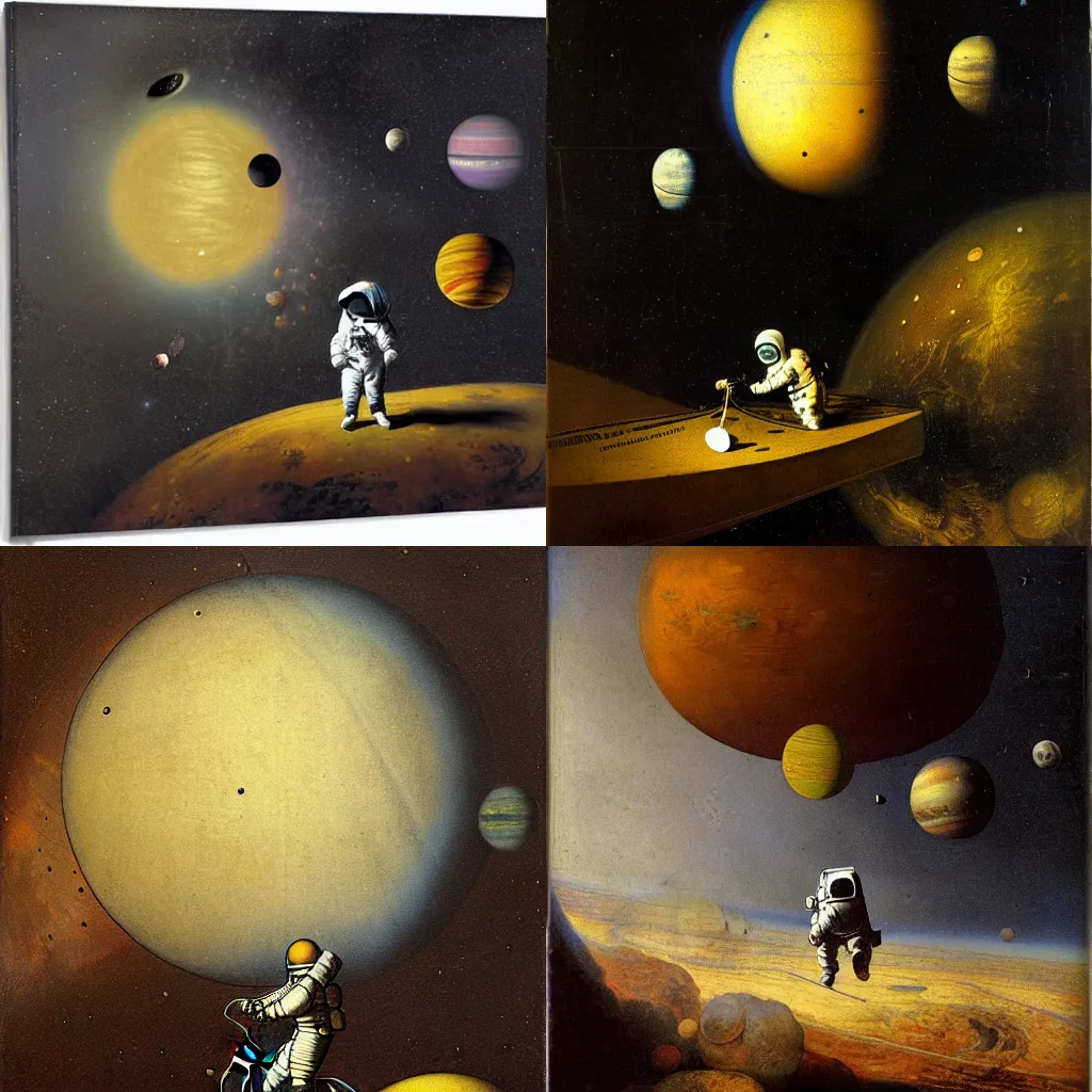 Prompt: floating astronaut on a bicycle near gigantic planet in space by rembrandt