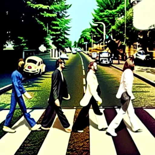 Image similar to abbey road album cover but the beatles slipped and fell