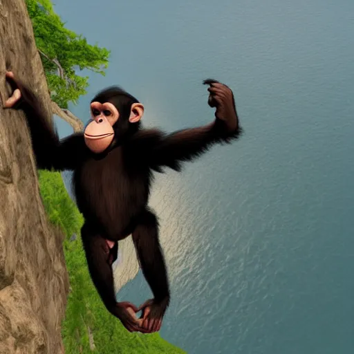 Prompt: a chimp prevents himself from falling off a cliff by holding onto the cliff edge using one arm, featured on artstation