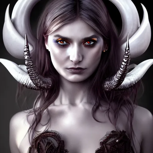 Image similar to perfectly - centered close - up face - portrait of evil fallen angel with long horns wearing a dress, the perfect human female specimen, intricate, elegant, super highly detailed, professional digital painting, artstation, concept art, smooth, sharp focus, no blur, no dof, extreme illustration, unreal engine 5, 8 k, by anne stokes