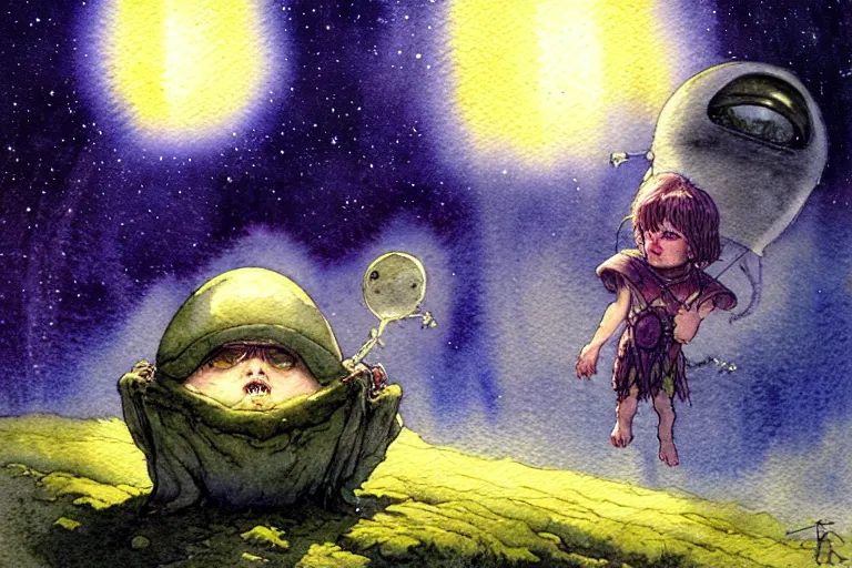 Image similar to a realistic and atmospheric watercolour fantasy character concept art portrait of a short fat chibi starchild alien emerging from the mist on the moors of ireland at night. a small ufo is in the sky. by rebecca guay, michael kaluta, charles vess and jean moebius giraud