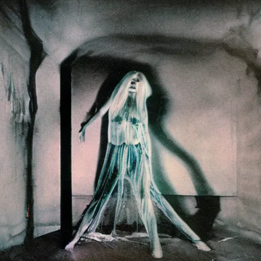 Image similar to color 35mm photograph of basement of floating distorted woman, liminal space, strange vibes, Fever Ray video by Stephen Gammell