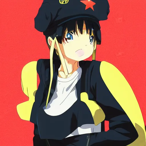 Prompt: anime girl wearing massive black beret, black shirt with red star, smug grin, cel - shading, 2 0 0 1 anime, flcl, jet set radio future, golden hour, japanese town, concentrated buildings, japanese neighborhood, electrical wires, cel - shaded, strong shadows, vivid hues, y 2 k aesthetic