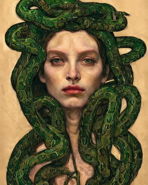 Prompt: portrait of medusa with many green snakes by greg rutkowski in the style of egon schiele