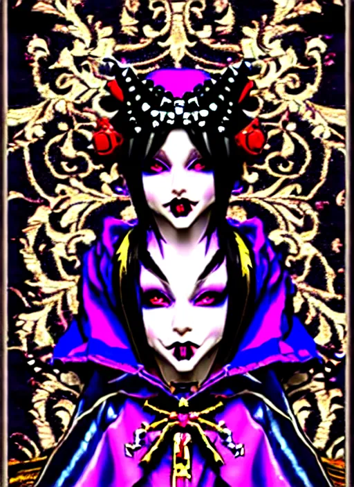 Image similar to baroque bedazzled gothic royalty frames surrounding a pixelsort emo demonic horrorcore japanese beautiful jester visual kei doll, low quality sharpened graphics, remastered chromatic aberration