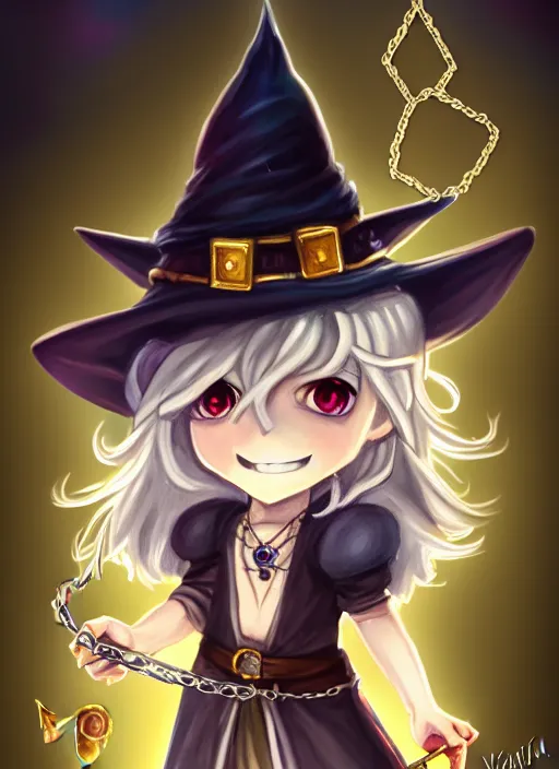 Prompt: a portrait of girl magician, witch hat, silver magic, smiling, gold necklace, fantasy, dungeons and dragons, an ultrafine detailed painting, chibi, detailed painting, boris valejo. octopath traveler decal!!!