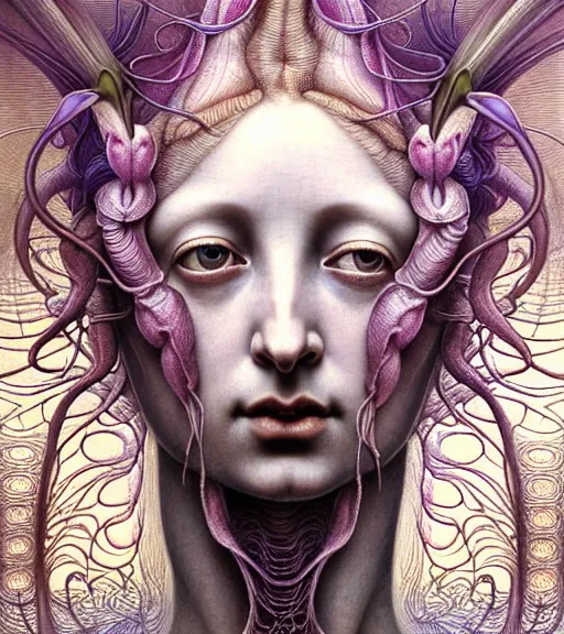 Prompt: detailed realistic beautiful orchid mantis goddess face portrait by jean delville, gustave dore, iris van herpen and marco mazzoni, art forms of nature by ernst haeckel, art nouveau, symbolist, visionary, gothic, neo - gothic, pre - raphaelite, fractal lace, intricate alien botanicals, ai biodiversity, surreality, hyperdetailed ultrasharp octane render