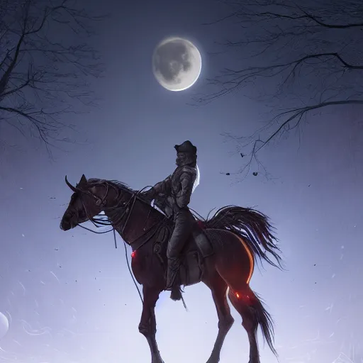 Prompt: a hyper realistic digital painting of the headless horseman, full of details, intricate, night time, volumetric light, full moon, moonglow, dark fantasy, horror, in the style of greg rutkowski