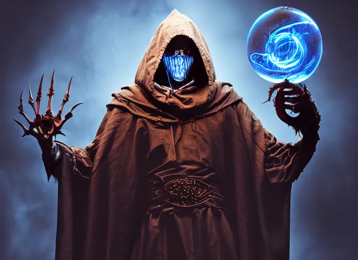 Prompt: character and environment design, ( ( biomechanical ) ) archanist holding a perfect round magic sphere, tattered!!! robe and hood, blue light, fog, scary, arrogant, hostile, photorealistic, cinematic, hyper realistic, octane render, 8 k, wide angle