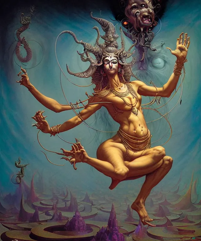 Image similar to shiva dancing in a futuristic holographic displays in the style of peter mohrbacher, wayne barlowe, gustav moreau, bussiere, roberto ferri, santiago caruso, luis ricardo falero, austin osman spare,