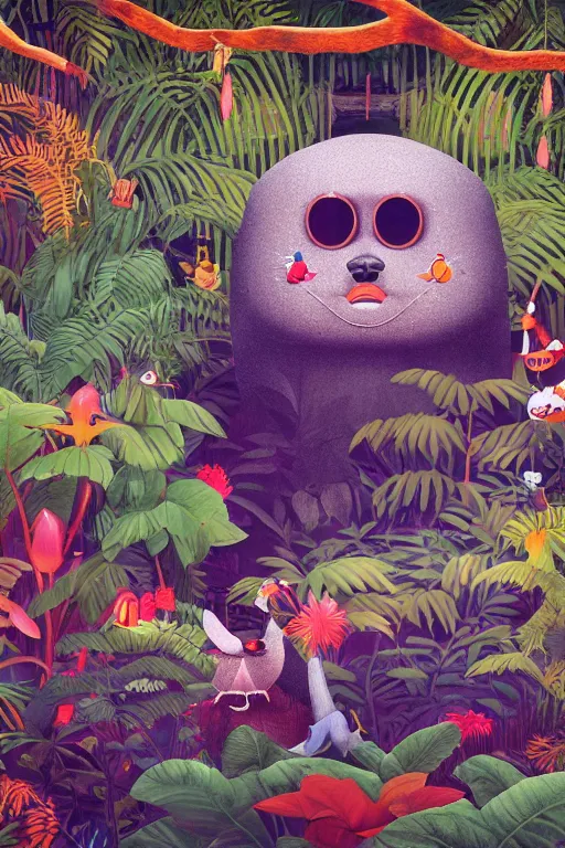 Prompt: rare bird in the jungle, night, stars, highly detailed, unreal engine render concept art, glitch, style of henri rousseau and richard scarry and hiroshi yoshida