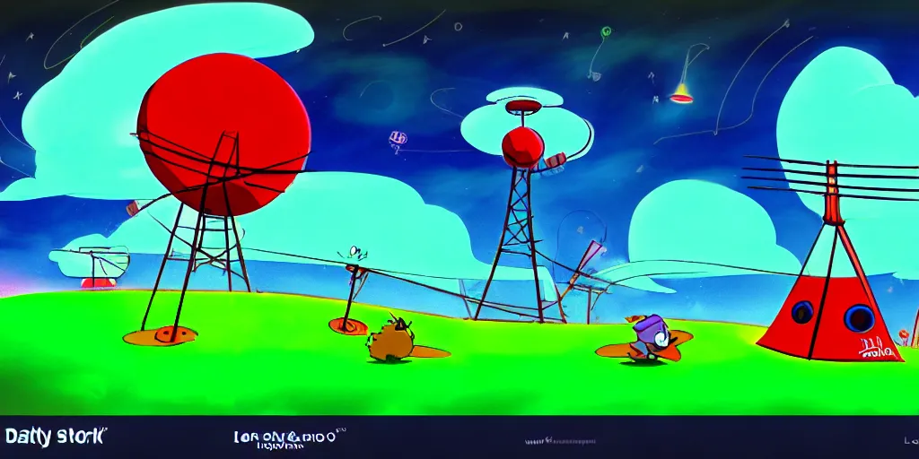 Image similar to night chubby cartoon concept art, red tv transmission antenna, from lorax movie, black blue green, spiral clouds, sam and max