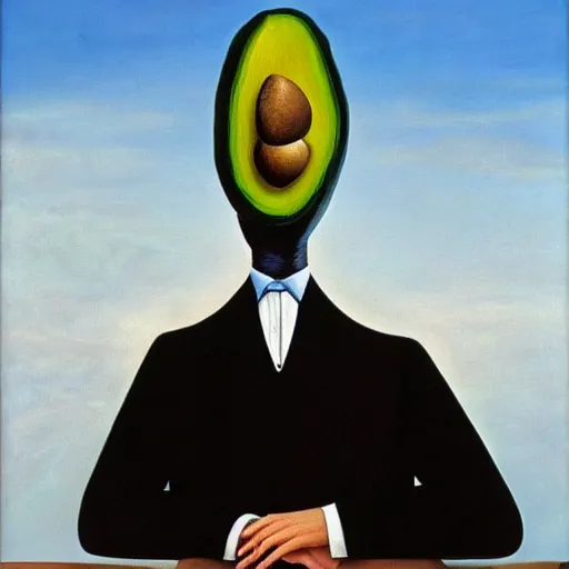 Prompt: A portrait of a humanoid grumpy old avocado wearing a suit, oil painting by Salvador Dali