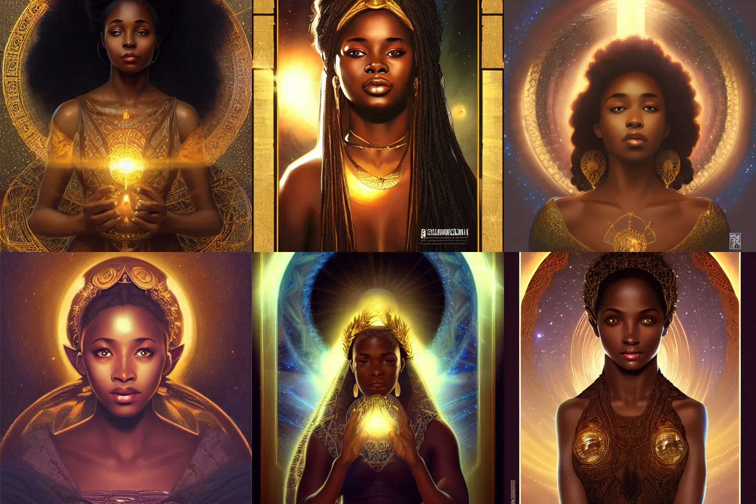 Prompt: black african princess, warm volumetric lighting, cosmic, symmetric, highly detailed, elegant, concept art, heavenly, god rays, intricate, sharp focus, illustration, golden glowing eyes, alexandros pyromallis, bouguereau, rutkowski, artgerm, alphonse mucha