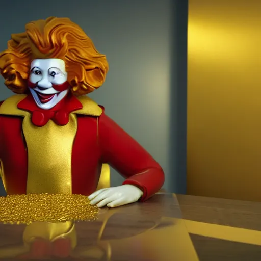 Image similar to A still of Ronald McDonald surrounded by gold and diamonds, Award-winning, photograph, 3d render, unreal engine, 4k detailed