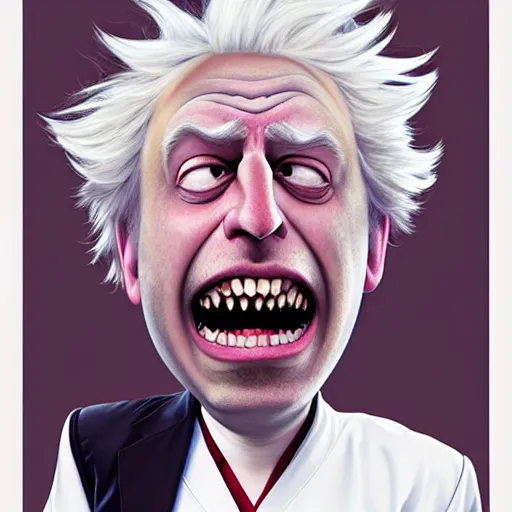 Prompt: Boris Johnson as a kind smiling Rick Sanchez from Rick and Morty, unibrow, white robe, big eyes, realistic cosplay, symmetrical, highly detailed, digital painting, artstation, concept art, smooth, sharp focus, illustration, cinematic lighting, art by artgerm and greg rutkowski and alphonse mucha