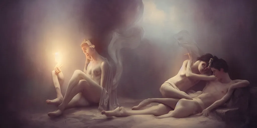 Image similar to The lovers, Tom Bagshaw, 8k, photorealism, global illumination, volumetric lighting, CGsociety, radiant light