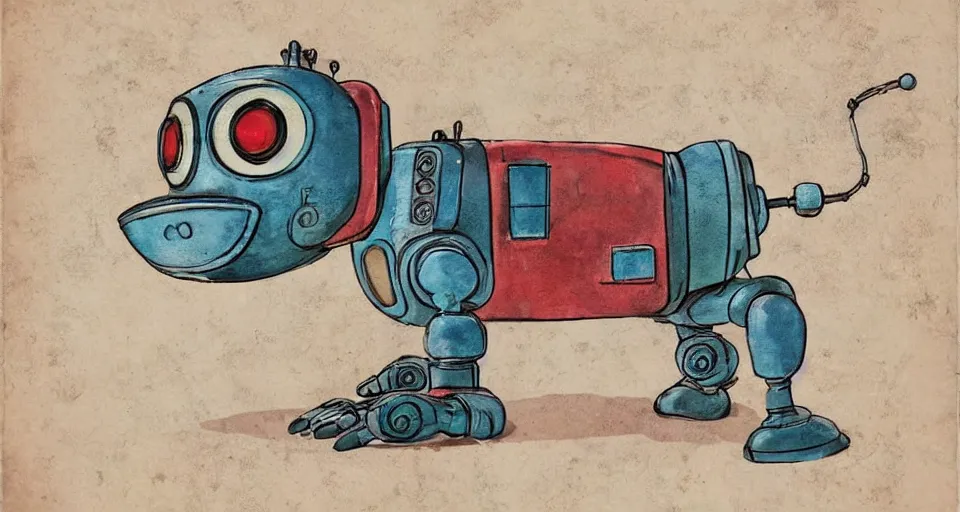 Prompt: a cute retro robot dog. alcohol inks on parchment, muted colors, detailed, textured parchment background, 1 9 5 0 s concept art