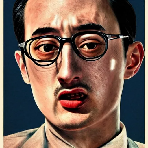 Image similar to A 1950s Colorized Style Poster of Filthy Frank, grainy, realistic, hyperrealistic, very realistic, very very realistic, highly detailed, very detailed, extremely detailed, detailed, digital art, trending on artstation, detailed face, very detailed face, very detailed face, realism, HD Quality, 8k resolution, intricate details, body and head in frame, drawing, inked drawing, poster drawing, neat drawing, 1950s, 50s, in the style of Frank Hampson, in the style of Frank Bellamy, in the style of Dave Gibbons, in the style of Don Lawrence, in the style of Wally Wood, Colorized, 1950s Poster