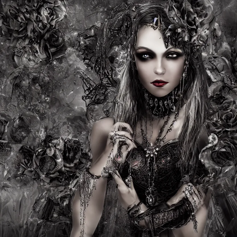 Prompt: A stunning Gothic goddess of jewels in an empty land, dark and mysterious, atmospheric, ominous, eerie, cinematic, Epic, 8k, 4k, ultra detail, ultra realistic, rendered by awesomeness