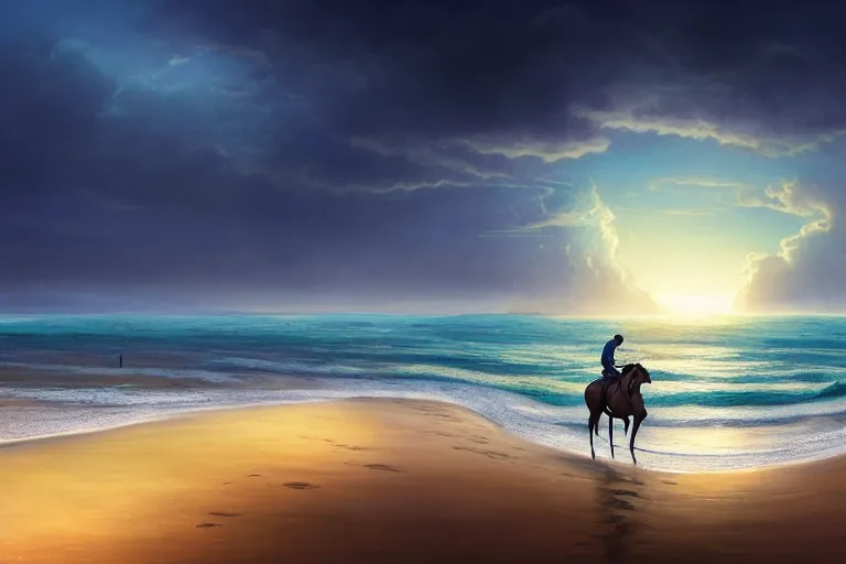 Image similar to photo of man riding a horse along the beach, glowing underwater waves toward a lighthouse in the distance guiding his way, silhouette, wide horizon, large white clouds, night, intricate, elegant, highly detailed, digital painting, artstation, concept art, smooth, sharp focus, illustration, art by artgerm and greg rutkowski and fra angelico