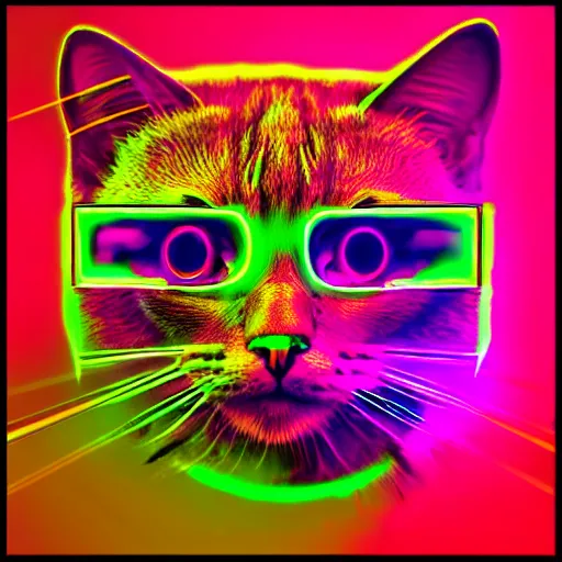 Image similar to cat head outline, laser eyes, portrait, vaporwave, synthwave, neon, vector graphics, cinematic, volumetric lighting, f 8 aperture, cinematic eastman 5 3 8 4 film, photorealistic