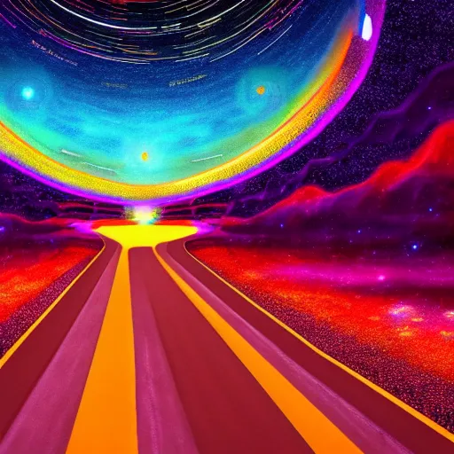 Image similar to interior of cosmic highway created by the gods, beautiful colors, bold architecture, detailed, 4 k