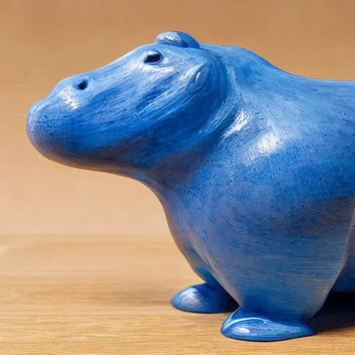 Prompt: a small smooth hippo statue carved from natural wood, dipped in polished blue epoxy resin, seamless organic edges, mixed materials, side view