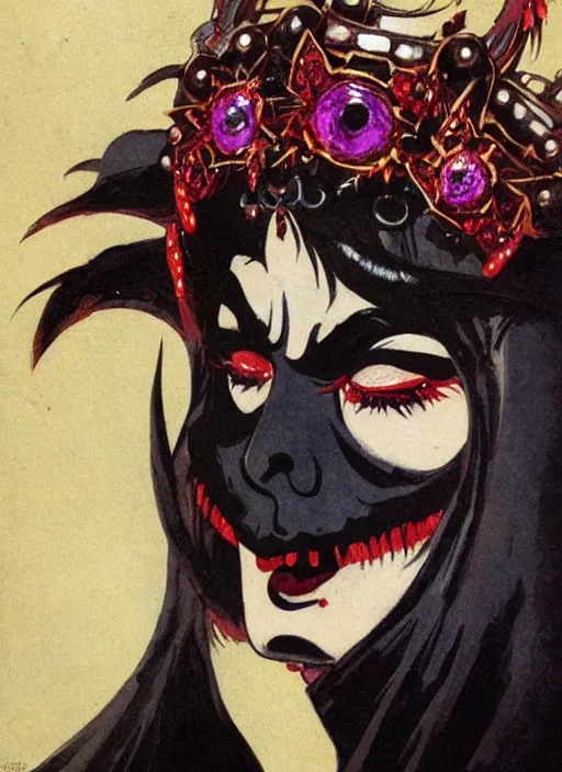 Image similar to female korean vampiress, jeweled headdress, heavy mascara, strong line, saturated color, beautiful! coherent! by frank frazetta, high contrast, minimalism