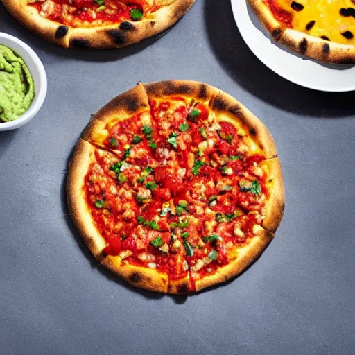 Image similar to photo of a pizza with nacho topping, salsa, guac, chilli beans