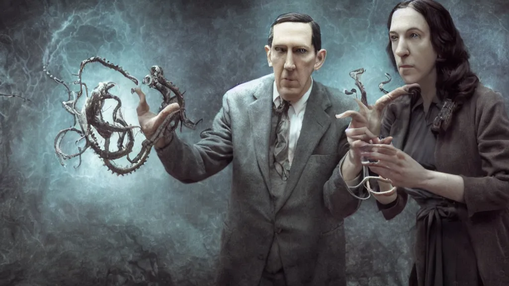 Prompt: Howard Phillips Lovecraft with a eldritch being in her hand. Surrealism, 8K, concept art, filmic, HDR, volumetric lighting