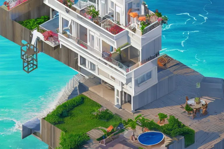 Image similar to a villa with a balcony beside the sea, umbrella, table, juice and liquid, recliner, isometric art, bright, artstation, highly detailed, cinematic lighting + masterpiece