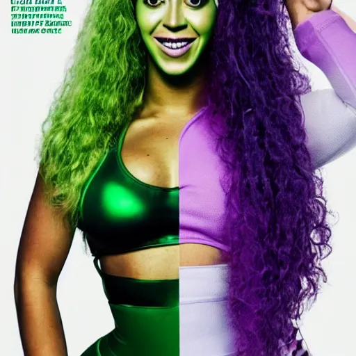 Prompt: Singer Beyoncé with green skin and dark green hair as She-Hulk, white leotard with two purple vertical stripes, green skinned, wearing purple and white fingerless gloves, wearing purple and white sneakers, mini skirt, smiling, photorealistic, sports illustrated, detailed legs, hyperreal, surreal, bokeh, tilt shift photography, green arms, green legs, green face,